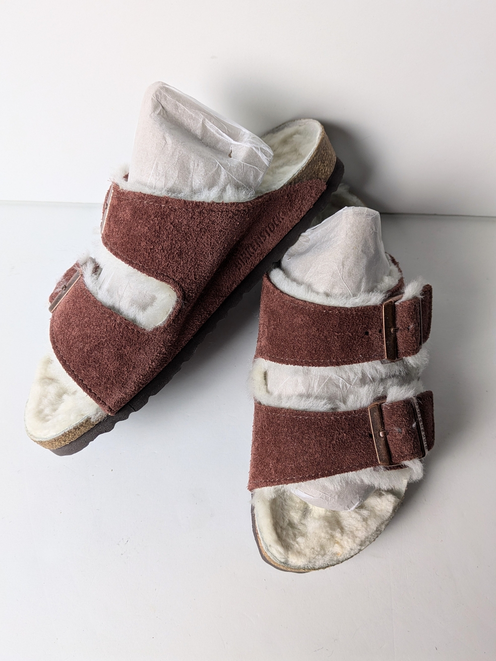 Birkenstock Brown Suede Double-Buckle Shearling Slide Sandals